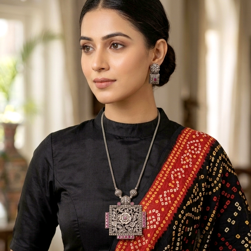 Panash Silver -Toned Pink Stones-Antique Nacklace Set